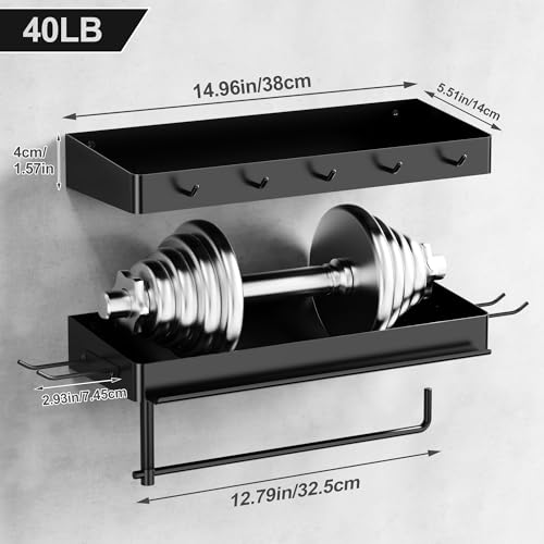 Image of ZUNTO Pack of 2 Black Paper Towel Holder and Organizer Shelf for Garage, Wall Mounted Paper Roll Holder with Shelf and Hooks, Drilling Garage Organization and Storage