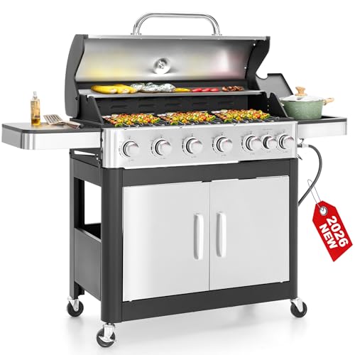 6 Burner Propane Gas BBQ Grill with Side Burner & Porcelain-Enameled Cast Iron Grate, 65,800 BTUs Barbecue Grill 665 Sq. In. Grilling Area, Outdoor Propane Grill for Camping Patio Backyard Cooking