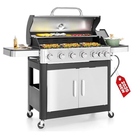 6 Burner Propane Gas BBQ Grill with Side Burner & Porcelain-Enameled Cast Iron Grate, 65,800 BTUs Barbecue Grill 665 Sq. In. Grilling Area, Outdoor Propane Grill for Camping Patio Backyard Cooking