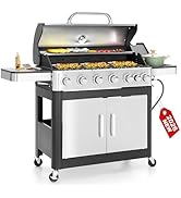 6 Burner Propane Gas BBQ Grill with Side Burner & Porcelain-Enameled Cast Iron Grate, 65,800 BTUs...