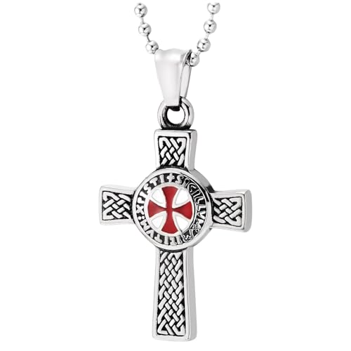 COOLSTEELANDBEYOND Men's Stainless Steel Knights Templar Cross Necklace, Crusader Red Enamel Pendant, Celtic Knotwork Jewelry, Masculine Medieval Religious Gift for Him