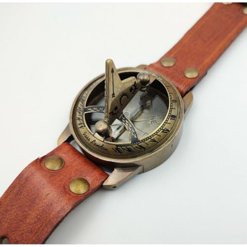 Reloj brújula náutica de latón con banda de cuero marrón, brújula de reloj de sol antigua, brújula artesanal para camping miniatura 2