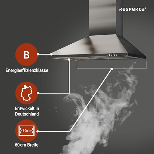 Respekta Dunstabzugshaube / Wandhaube 60 cm / Edelstahlgehäuse / Abluft - und Umluftfunktion / CH22058IX-B / B / 59 – 64 dB