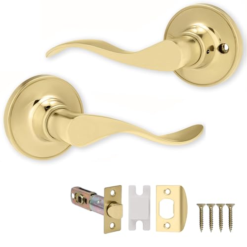 XFORT Cabriole - Juego de pomos de paso de latón pulido, pomo de puerta para puertas interiores de madera, juego completo con pestillo tubular
