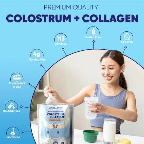 Image of Vitamatic Bovine Colostrum + Collagen Powder - Supplement for Gut Health, Hair Growth, Beauty, Muscle Recovery, & Immune Support - Easy to Mix - Unflavored - 454 Gram, (16 oz)
