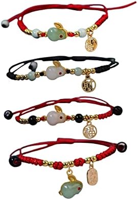 4 Pcs Set 2023 New Year Zodiac Lucky Rabbit Braided Strand Bracelets Chinese Zodiac Animal Charm Imitation Jade Yutu Adjustable Link Rope Bracelets Good Prospects Blessing Sign for Women Girls - 4pcs