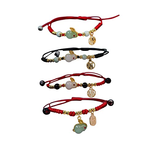 4 Pcs Set 2023 New Year Zodiac Lucky Rabbit Braided Strand Bracelets Chinese Zodiac Animal Charm Imitation Jade Yutu Adjustable Link Rope Bracelets Good Prospects Blessing Sign For Women Girls - 4Pcs #TOP8