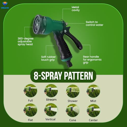 Image of Utkarsh Heavy Duty PVC Braided Water Hose Pipe - 10 Meter / 0.5 inch, with 8-Mode Spray Gun, 1 Tap Adapter, Connector & 3 Clamps for Garden, Car Wash, Floor Clean, Pet Bath, Indoor /Outdoor (32.8 ft)