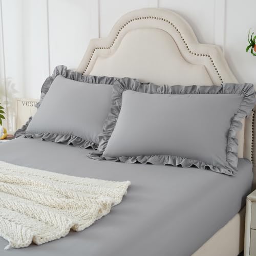 Image of Homiest 3-Pieces Ruffle Pillow Case & Fitted Sheet Set, Grey Queen Sheets with 2 Ruffled Pillow Shams, 15 Inch Deep Pocket, Cute & Coquette Microfiber Bed Set for Decorating Bedroom Hotel