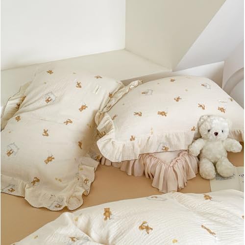 BuLuTu Muslin Cotton Girls Boys Pillow Case Standard Size, Cute Bear Children Pillowcase Neutral Baby Kids Pillow Cover Envelope Closure, 1 Piece, Bedding Decor, Machine Washable Bathing Bea