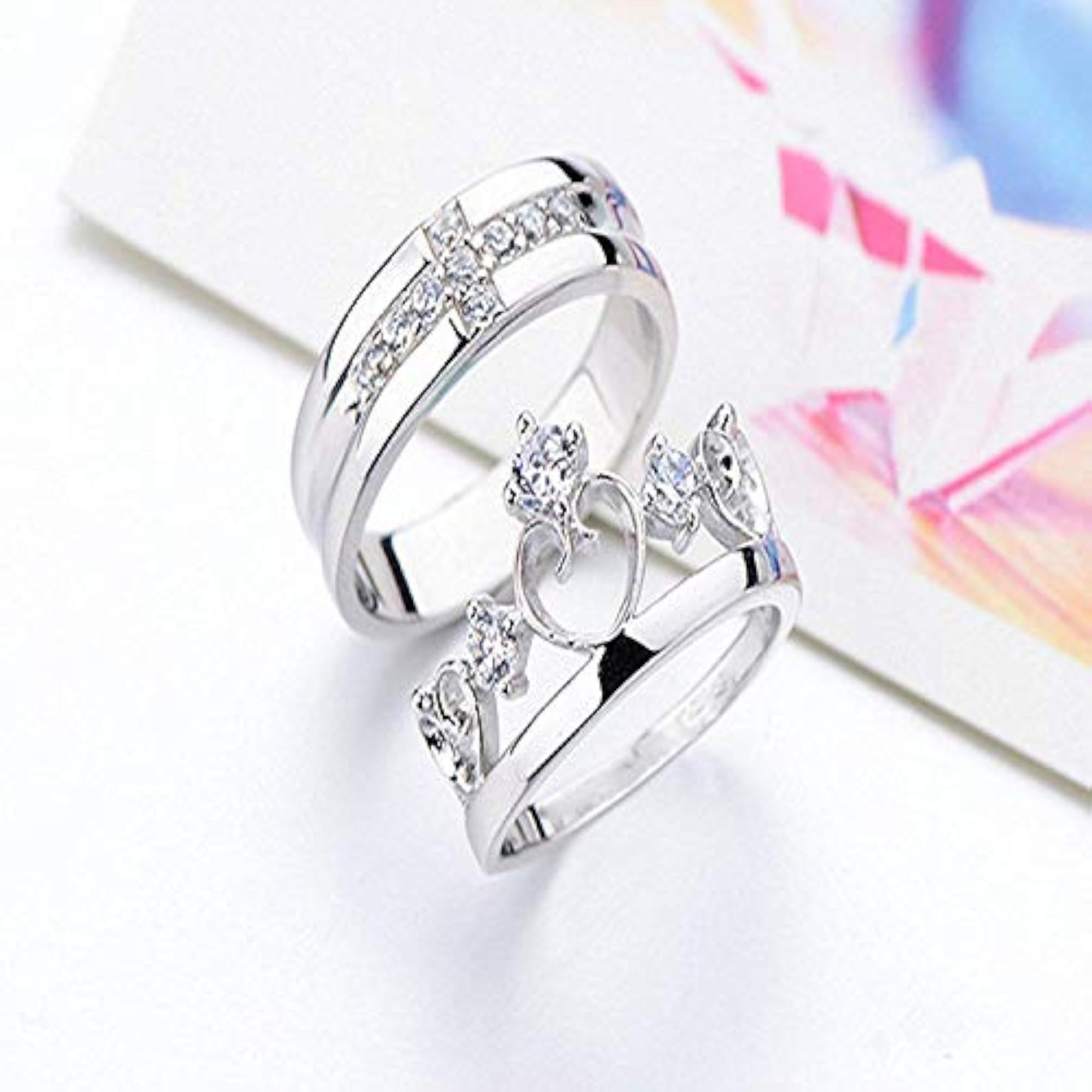 Rhodium Plated CZ and Crystal Couple Ring Set FRCO1103032R