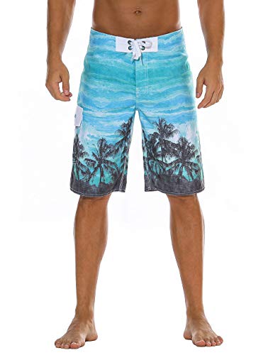 Nonwe Men's Swimsuit Quick Dry Beach Vacation Printed Boardshorts Mesh Lining Blue 30
