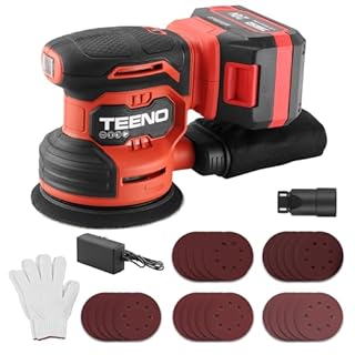 TEENO Levigatrice orbitale senza fili 20 V, levigatrice eccentrica 125 mm, 6000-12000 giri/min, kit completo di 25 carte di vetro, batteria 4,0 Ah e sistema di aspirazione