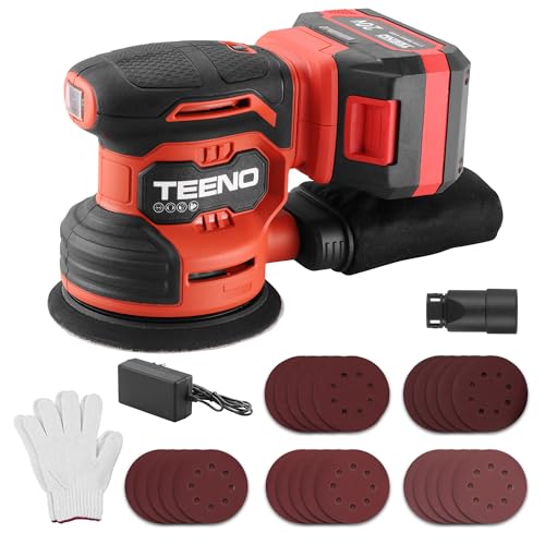 TEENO Ponceuse Orbitale Sans Fil 20V - Ponceuse Excentrique 125mm 6000-12000 tr/min, Kit Complet avec 25 Papiers de Verre, Batterie 4.0Ah et Système d'Aspiration