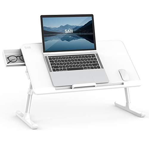 Flash Deals - 80% OFF SAIJI Laptop Bed Tray Table, Adjustable PVC Leather Laptop Bed Table, Portable Standing Desk with Storage Drawer, Foldable Lap Tablet Table for Sofa Couch Floor (Large,White)