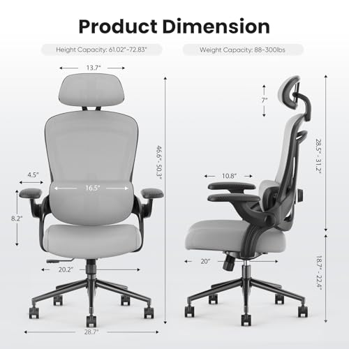 Sweetcrispy Ergonomic High Back Office Chair with 2D Headrest, Up&Down Lumbar Support, Swivel Computer Task Mesh Desk Chairs with Adjustable Flip-up Armrests,Grey - Image 4