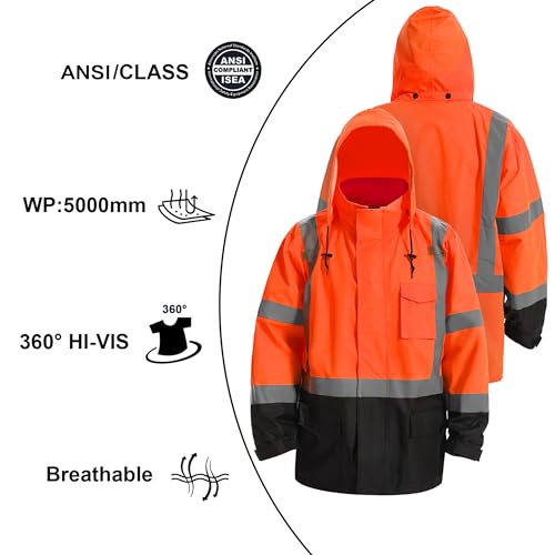 Image of Reflective Rain jackets for men waterproof,Hi Vis Safety Coat With Reflective Strips，High Visibility Class 3 Rain jackets With 2 large pockets，Zipper,Black Bottom Orange,4XL /5XL