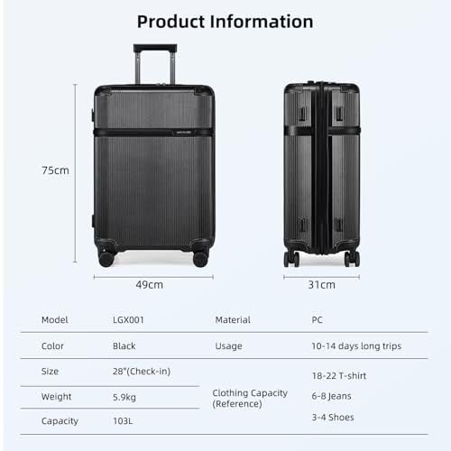 Image of Arctic Hunter 28 inch Check-in Trolley Bag Large 75cm PC Hardshell Suitcase with Multi-Pocket Storage, TSA Lock & Silent 360 TPE Wheels, Anti-Collision Design,Black