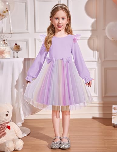 Image of Arshiner Toddler Girls Tulle Dresses with Bow Tie Fall Winter Long Sleeve Formal Party Dress 1-7 Y