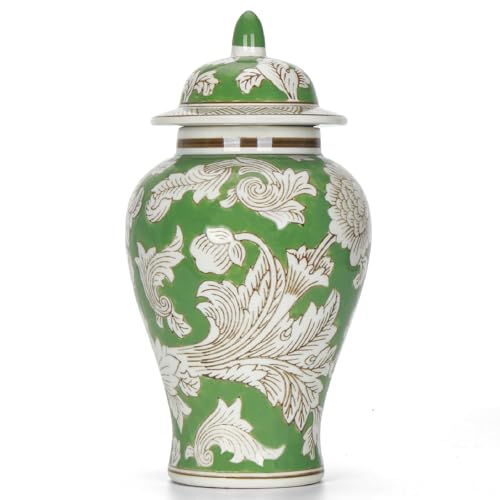 11″ Green Ginger Jar Traditional Peony Temple Jar with Lid