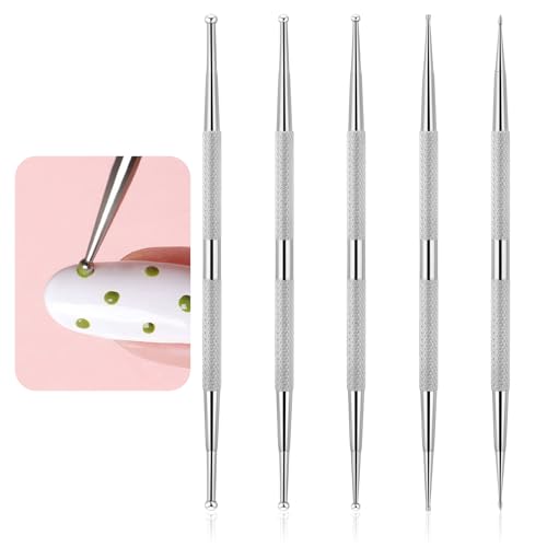 5 Pcs Stainless Steel Nail Dotting Tool Nail Art Tip Dot Paint Pens Professional Double-ended Nails Art Tools Dot pen Nails Polish Paint Pen with Box Rhinestone Picker Tool (silver)