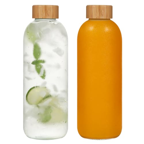 LIMILI Bottiglie di vetro con coperchi in bambù, 2 bottiglie d'acqua da 1000 ml, a prova di perdite, riutilizzabili, per bevande calde e fredde, lavoro, palestra, casa (1000 ml, 2 pezzi)