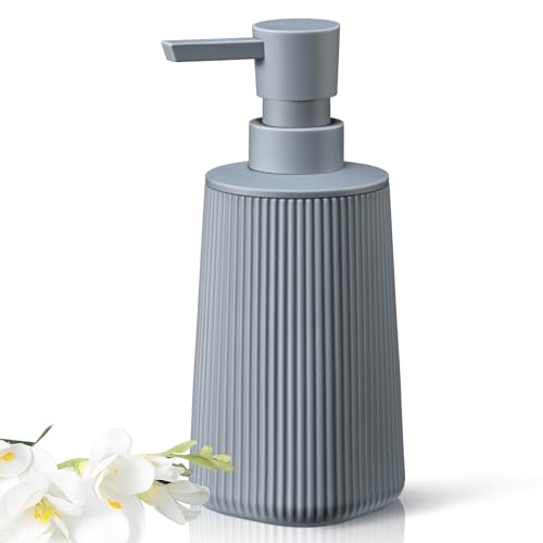Image of Gray Hand Soap Dispenser with No Rust Pump for Bathroom and Kitchen Countertops Refillable Striped Matte Plastic 8.5 oz
