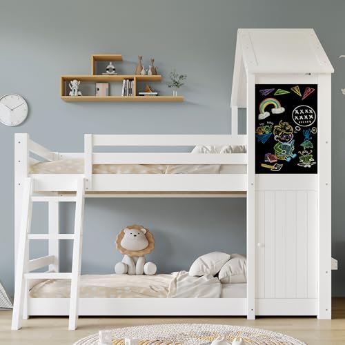 Zravenna Litera de 90 x 200 cm con tres niveles inclinados, cuna para 2 niños, cama con ventana, techo, una puerta pequeña y una pizarra, para niños y niñas (blanco C, 90 x 200 cm)