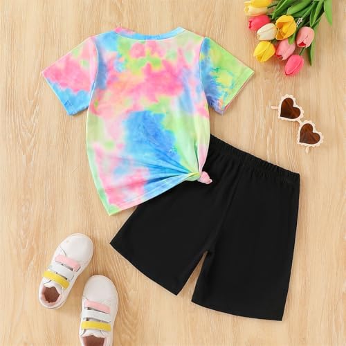 Image of Kids Girl Clothes Tie Dye Heart Print Short Sleeve Top and Shorts Toddler Girl Summer Outfits Short Set