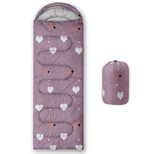 AILONEN Girls Cute Heart Print Sleeping Bag for Warm & Cool Weather,Lightweight,Waterproof Backpacking,Bean Paste Pink Sleeping Bag for Camping & Hiking