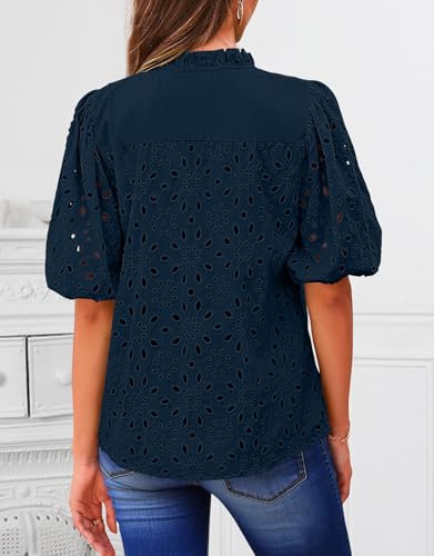BETTE BOUTIK Women's Long Short Sleeve Tops 2025 Dressy Casual Button Hollow Out Lace Embroidered Blouses Shirts