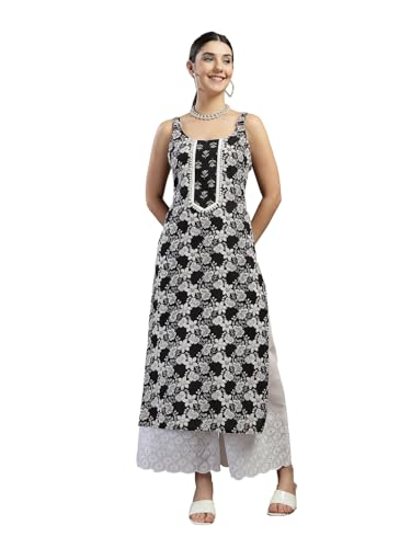 Stylum Women's Black Floral Printed Cotton Straight Kurta
