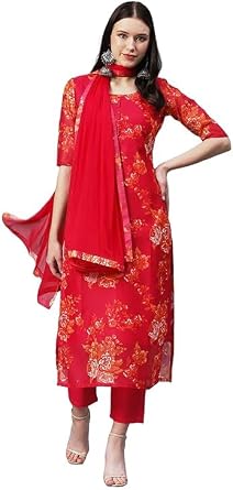 Womens Chanderi Cotton Printed Straight Kurta with Pant and Dupatta, Red