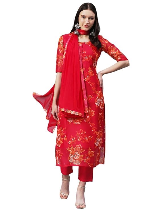 Kurta droit Chanderi rouge ensemble 3 pièces coton imprimé pantalon dupatta