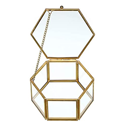 DRERIO Boîte à bijoux en verre Grande boîte décorative à bijoux Présentoir à bijoux transparent Titulaire de stockage de bibelots Hexagon Ring Case Organisateur de bijoux Doré Cover