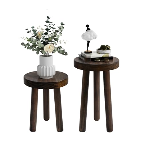 JOLLYMER Wood Plant Stand Set of 2 (16+12' Tall) - Dark Walnut Round Solid Wood Plant Stand, Side Table, or Bathroom Stool - Heavy Duty Stool for Small Spaces