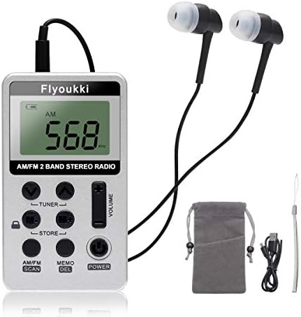 Pocket Small Radio by Flyoukki, Personal Mini AM FM Portable Digital Tuning Transistor Radios with Best Reception, Earphones, Lanyard and Rechargeable Battery for Walking Jogging Exercising (Silver)