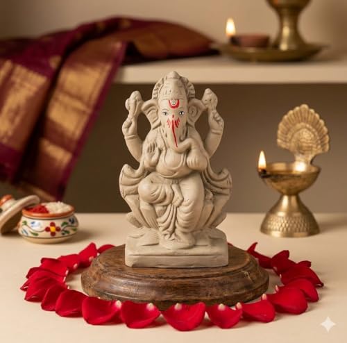 Image of SAUDEEP INDIA 6 Inch Mitti Ganesh Idol | Eco-Friendly Handcrafted Mud /Clay Ganesh Murti | Ganpati Figurine for Visarjan | Biodegradable Lotus Ganesha Statue | Ganesh Chaturthi (Lotus Design)