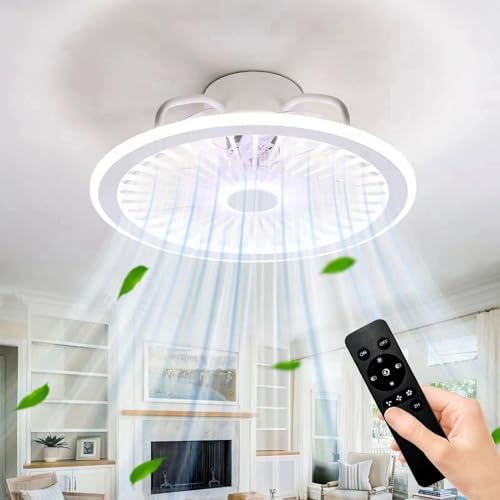 RIYNFO Ceiling Fans with Lights and Remote 48W 3 Color LED 3 Speed Wind Low Profile Ceiling Fan with Light Flush Mount Bladeless Ceiling Fan White 18Inch Modern Fandelier for Bedroom Living Room