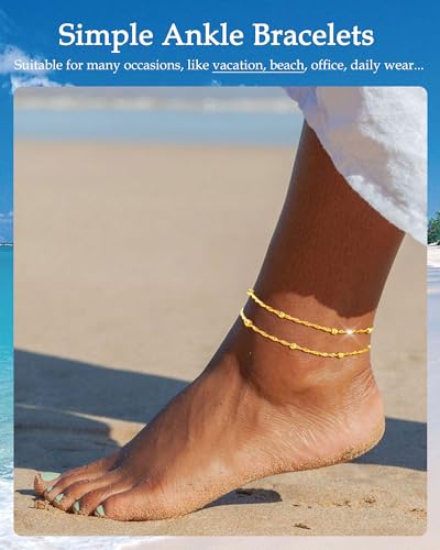Image of FUNEIA Gold Silver Ankle Bracelets for Women Waterproof 14K Gold Plated Anklets for Women Non Tarnish Dainty Layered Beaded Heart Anklet Set Summer Beach Foot Chain Jewelry Gifts Trendy Stuff