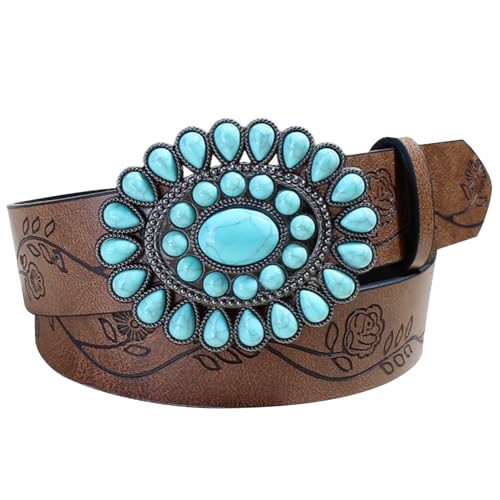 NICENEEDED Adjustable Vintage Belts for Women Men, Engraved Buckle Belts, PU Leather Western Belt for Rodeo Country Concert