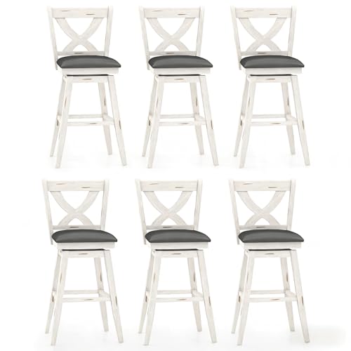 Image of MU Swivel Barstools Set of 6, 29 Inch Bar Height Kitchen Island Chairs with Back, Upholstered Seat Bar Stool with Solid Wood Legs & Footrest, Counter Stools for Pub, Bar, Restaurant (Antique White)