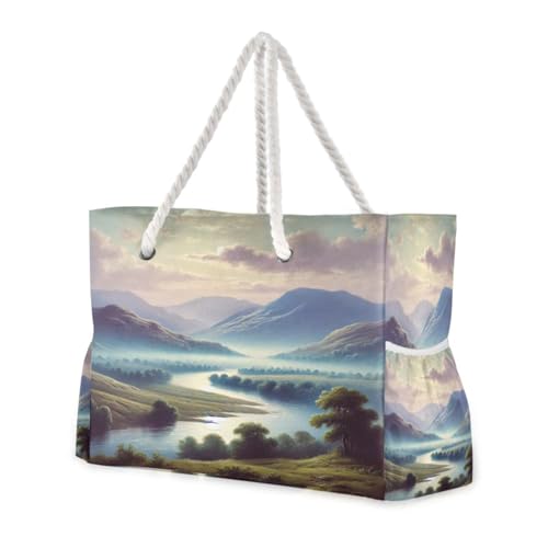 River Mountains Teal Beach Tote Bag for Women Waterproof Swim Pool Extra Large Beach Bags with Zipper Carry On Travel Bag for Grocery Vacation Essentials Yoga Nurse Gym