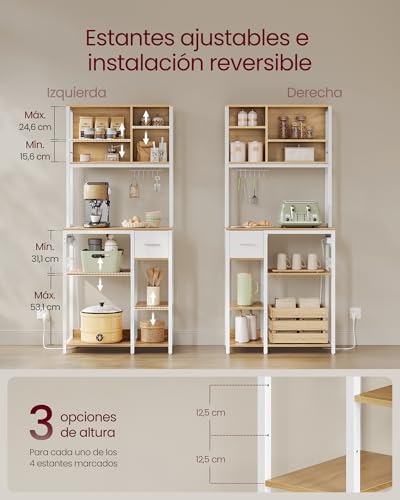 VASAGLE Estantería de Cocina con Multienchufe, Armario de Cocina, 40 x 80 x 180,4 cm, Estante de Microondas, Cajón de Tela, 12 Ganchos, Roble Dorado y Blanco Nube KKS015Y02 - imagen 7