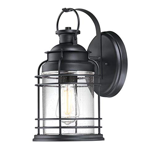 Image of Westinghouse Lighting 6112500 Kellen Nautical-Style One-Light Outdoor Wall Light, Textured Black Finish, Clear Seeded Glass