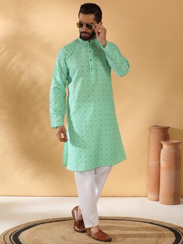 Image of KRAFT INDIA Men's Cotton Blend Geometric Printed Straight Long Regular Kurta and Elastic Waistband Pyjama Set