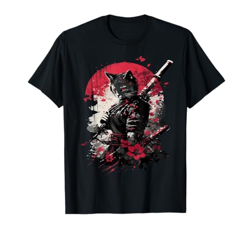 Samurai Gatto Giapponese Bushido Giappone Manga Abbigliamento Articolo Maglietta