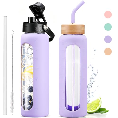Image of 32oz Glass Water Bottle with Straw and 2 Lids, Purple