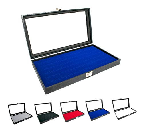 Novel Box Glass Top Black Jewelry Display Case + Blue 72 Slot Ring Display Insert + Custom Nb Pouch #TOP3