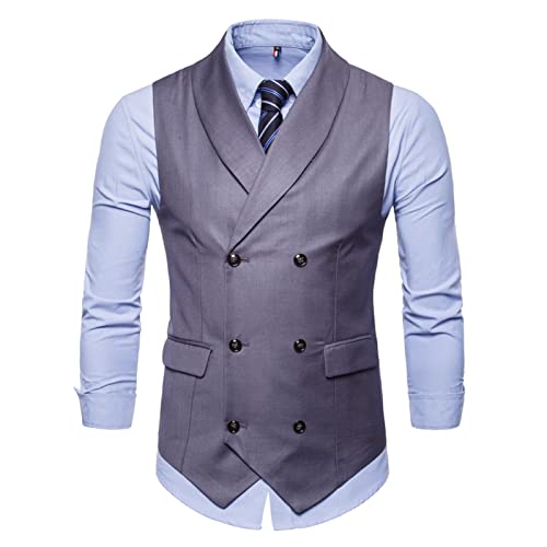 Business Double Breasted Suit Vest, Black and Gray Lapel Casual Formal Groomsmen Dress Waistcoat for Wedding Prom Banquet (Color : Gray, Size : Large)